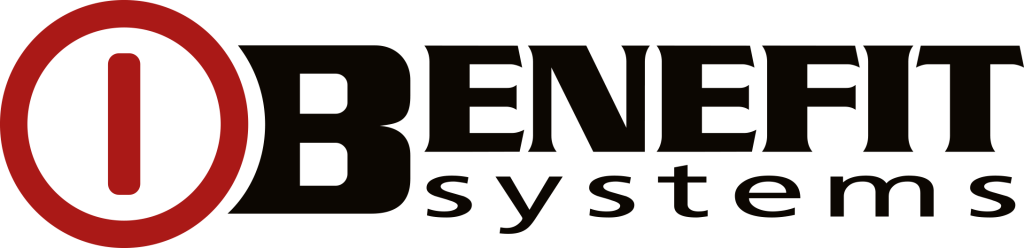 Logo Benefit Systems. Po lewej stronie znajduje się czerwony okrąg z czarną literą "B" wewnątrz, która płynnie przechodzi w napis "ENEFIT" u góry i "systems" u dołu. Całość utrzymana w kolorystyce czarno-czerwonej.
