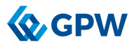 Logo GPW (Giełda Papierów Wartościowych) składające się z geometrycznego sygnetu w dwóch odcieniach niebieskiego, przypominającego stylizowane litery lub wykres, oraz grubego, niebieskiego napisu "GPW".