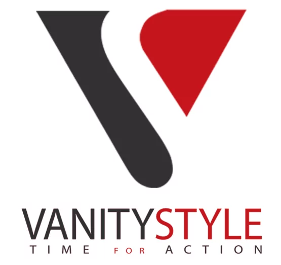 Logo firmy VanityStyle składające się z dużej litery „V” z czerwonym elementem po prawej stronie. Pod spodem znajduje się napis „VANITYSTYLE” w kolorze czarnym i czerwonym, a poniżej mniejszy napis „TIME FOR ACTION”.