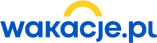 Logo serwisu wakacje.pl. Nad niebieskim napisem "wakacje.pl" znajduje się żółty łuk przypominający wschodzące słońce.