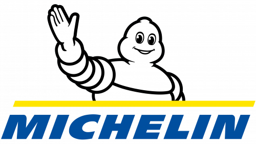 Logo firmy Michelin przedstawiające uśmiechniętą postać ludzika Michelin (Bibendum) machającego ręką, umieszczoną powyżej niebieskiego napisu „MICHELIN”. Między postacią a tekstem znajduje się poziomy żółty pas.