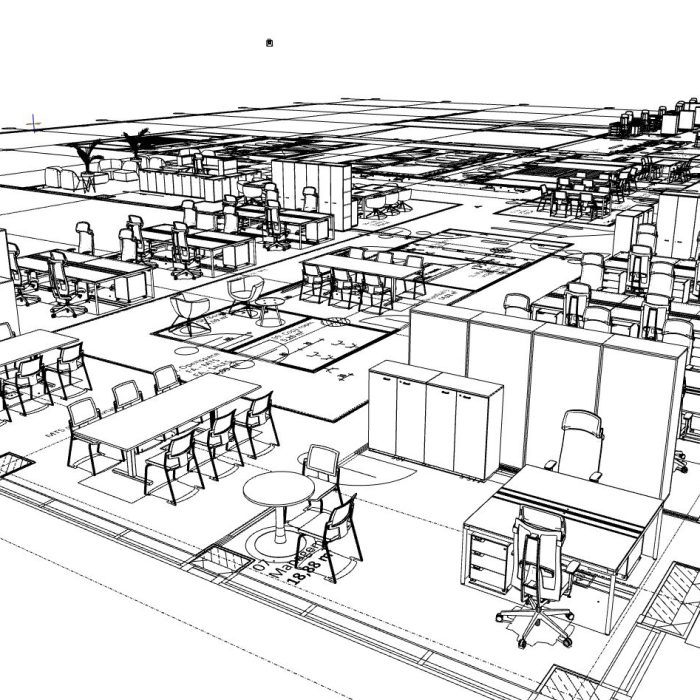 Trójwymiarowy rysunek aksonometryczny (line-art) projektu biura. Widoczne są rzędy biurek, strefy ze stołami konferencyjnymi, szafy biurowe oraz wydzielone boksami miejsca do pracy skupionej.